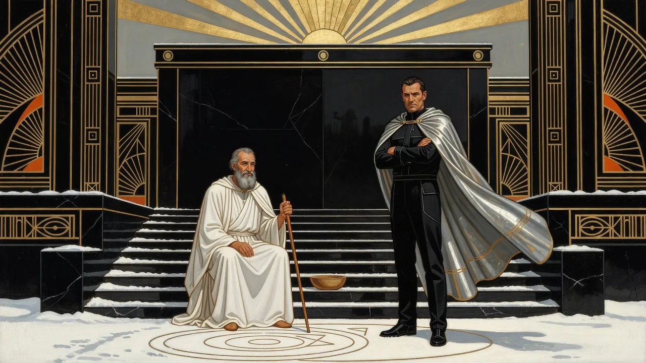 Before a blank black stone palace in falling snow, an old bearded philosopher sits on the steps drawing shapes in the snow while a younger man in a black suit and silvery cloak stands with his arms crossed.