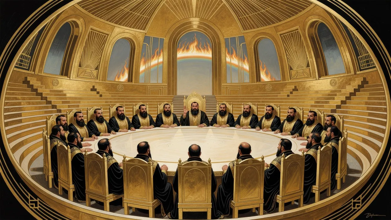 In a vast golden hall, many identical black-bearded men sit on golden thrones around a great pale round table, some with heads bowed, under a high window crossed by a ring of fire.