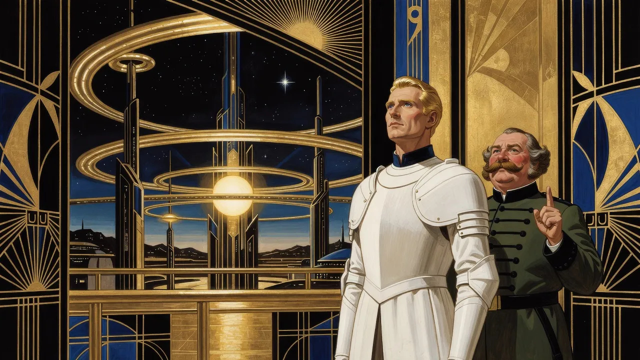 A golden-haired man in white armour on a high golden balcony looks up at a distant star blazing out, a ruddy colour-sergeant behind him, above a Sun ringed with golden bridges.