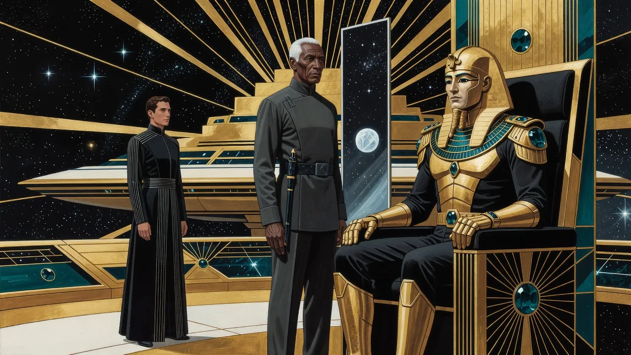 On a golden bridge, a grave white-haired, dark-skinned man in a dark grey uniform stands beside an armoured captain’s throne, studying a mirror that shows a ball of ice adrift among the stars, a younger man in a long black coat beside them.