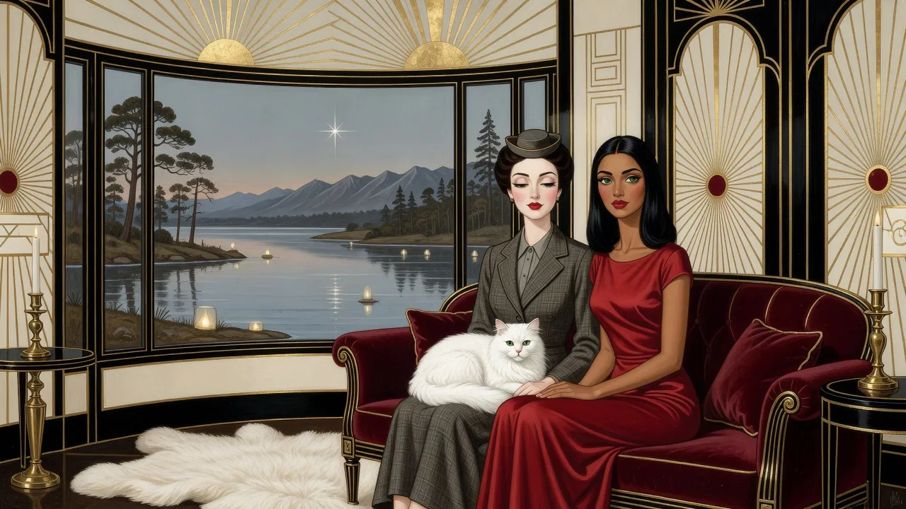 In a Victorian sitting room at twilight, a pale woman in grey tweed with a white cat on her lap and a woman in red silk sit by a tall window above a lake, a bright star rising over the mountains.