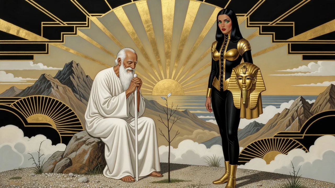 On a gravel mountaintop, a white-bearded old man resting both hands on a long white staff smiles at a small bare sapling with one mirror-bright leaf while a woman in black and gold armour watches, a gold helmet under her arm.