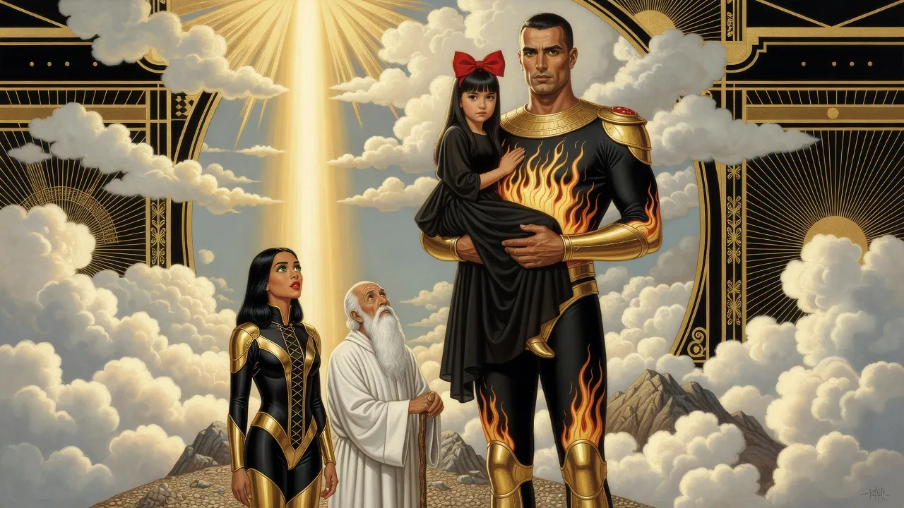 A man in shining gold armour descends from a cloud through a shaft of sunlight with flame rippling over his armour, a dark-haired girl in black with a big red bow held in his arms.