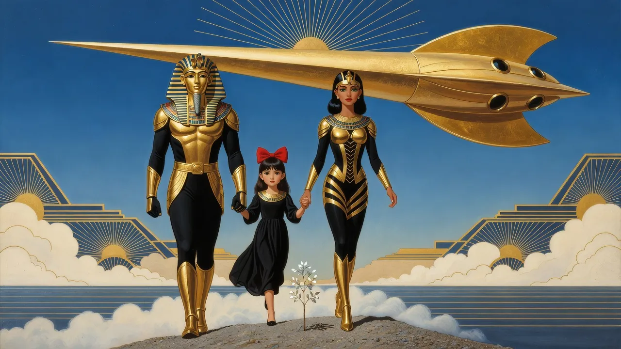On a gravel mountaintop beside a small white sapling with mirrored leaves, a man in gold and black armour and an Egyptian-style helmet, a woman in black and gold armour with a gold helmet, and a dark-haired girl in black with a red bow walk hand in hand beneath a golden spear-shaped ship in a deep blue sky.