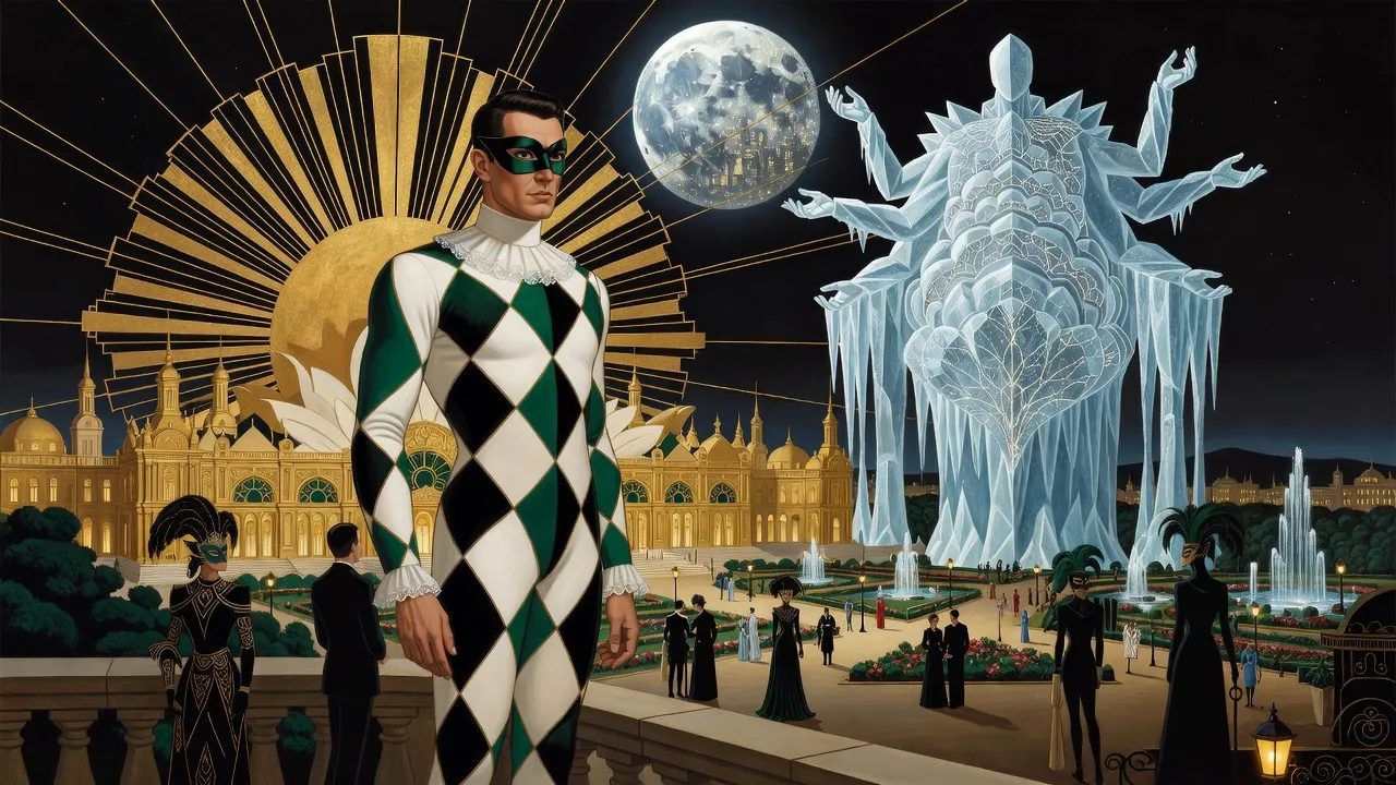A man in a Harlequin costume of black, ivory and green diamonds and a black half-mask stands at a balustrade above a blazing golden palace-city at night, masked revellers and a towering ice-blue figure behind him, under a huge silver moon covered in city lights.
