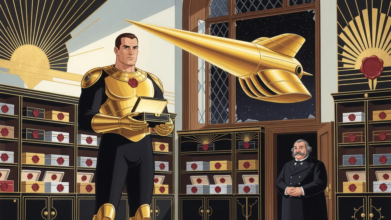 A man in black-and-gold armour holds open a small dark casket that lights his face, while beyond a shattered diamond-paned window a vast golden spear-shaped starship hangs in the dark and a butler waits in the doorway.