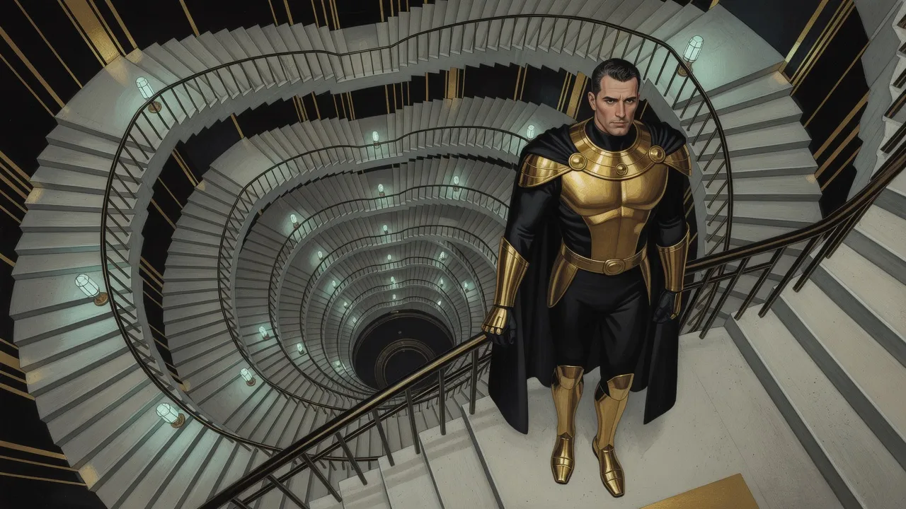 Seen from above, a man in gold armour and a black cloak starts down an endless square spiral of concrete stairs that winds away around a dark shaft to a distant vanishing point.