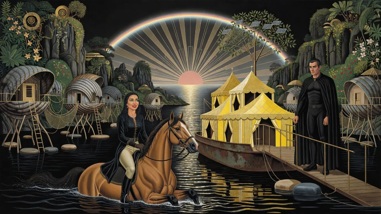 At night a woman in a dark riding habit rides a swimming bay horse across a black bay toward a rusty barge hung with glittering tents, where a man in a black cloak stands at the rail, spiral shell-houses on stilts behind and a pale arc of light across the sky.