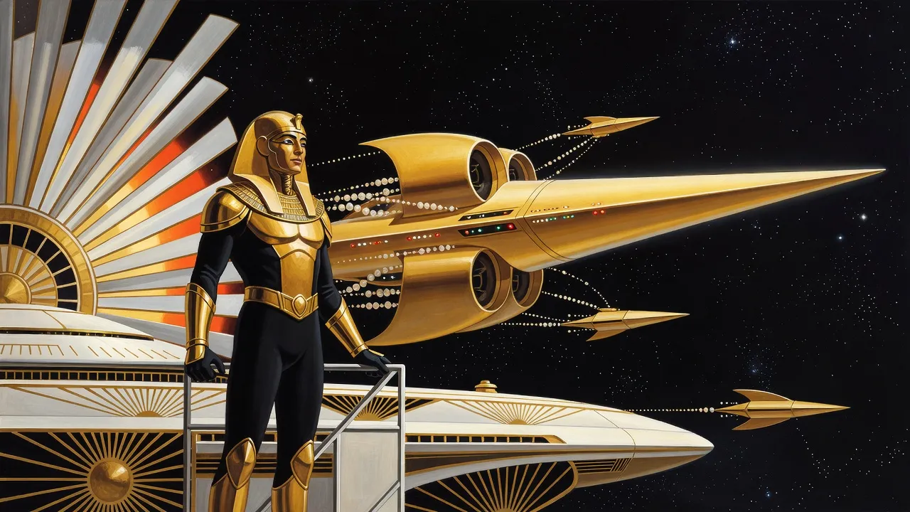 A man in gold armour with a closed Egyptian-style helmet stands on a gantry of a space station, looking across at an immense golden spear-shaped starship as strings of glowing spheres slide toward it.