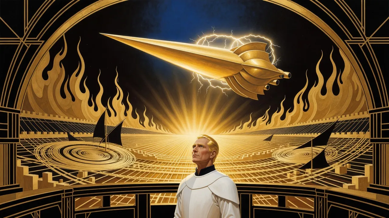 A grave golden-haired man in white armour stands alone on a gold balcony above the burning surface of the Sun, a vast golden web stretched across the fire below him, looking up at a small golden ship descending in a halo of lightning.