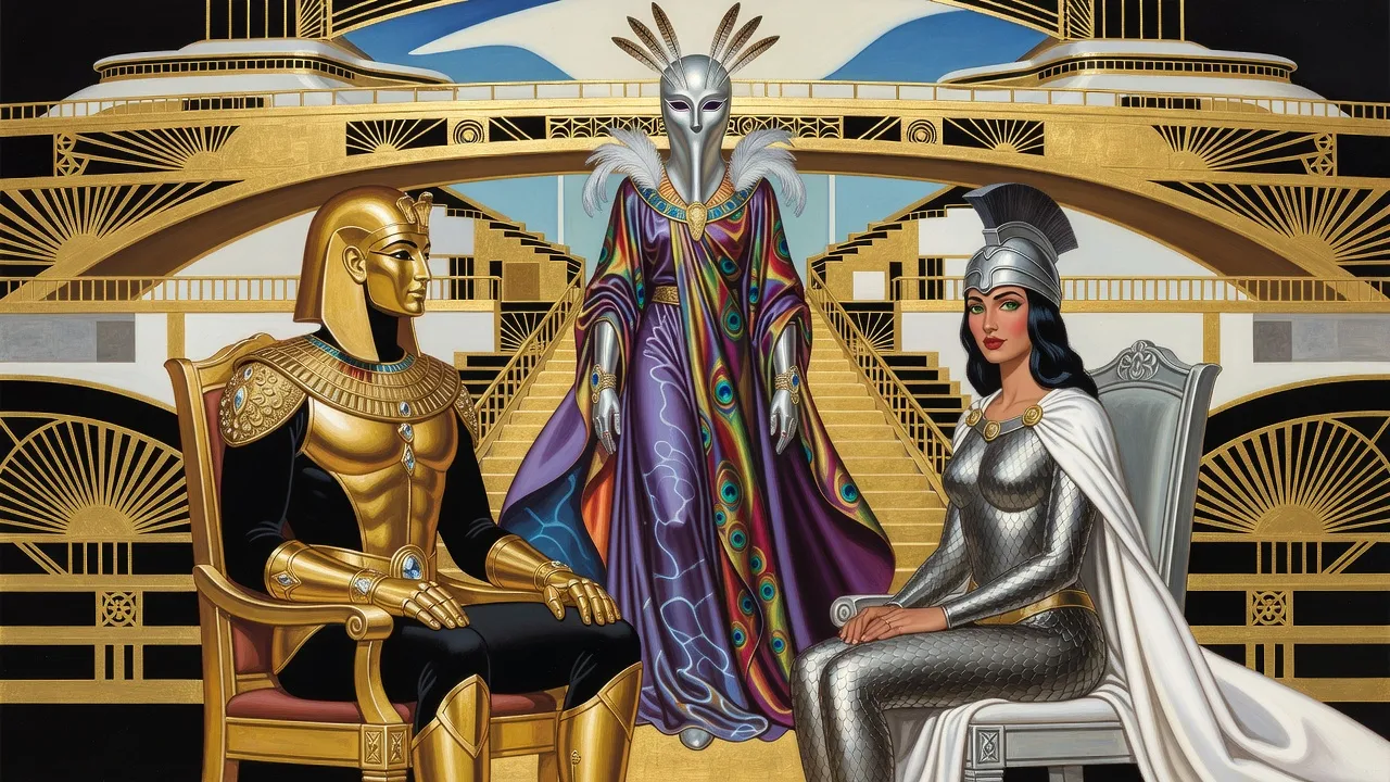 Seen from behind two thrones of gold and silver, a man in gold armour and a woman in silver scale-mail face a towering masked figure in peacock-purple robes and a blank silver mask on a golden starship bridge.