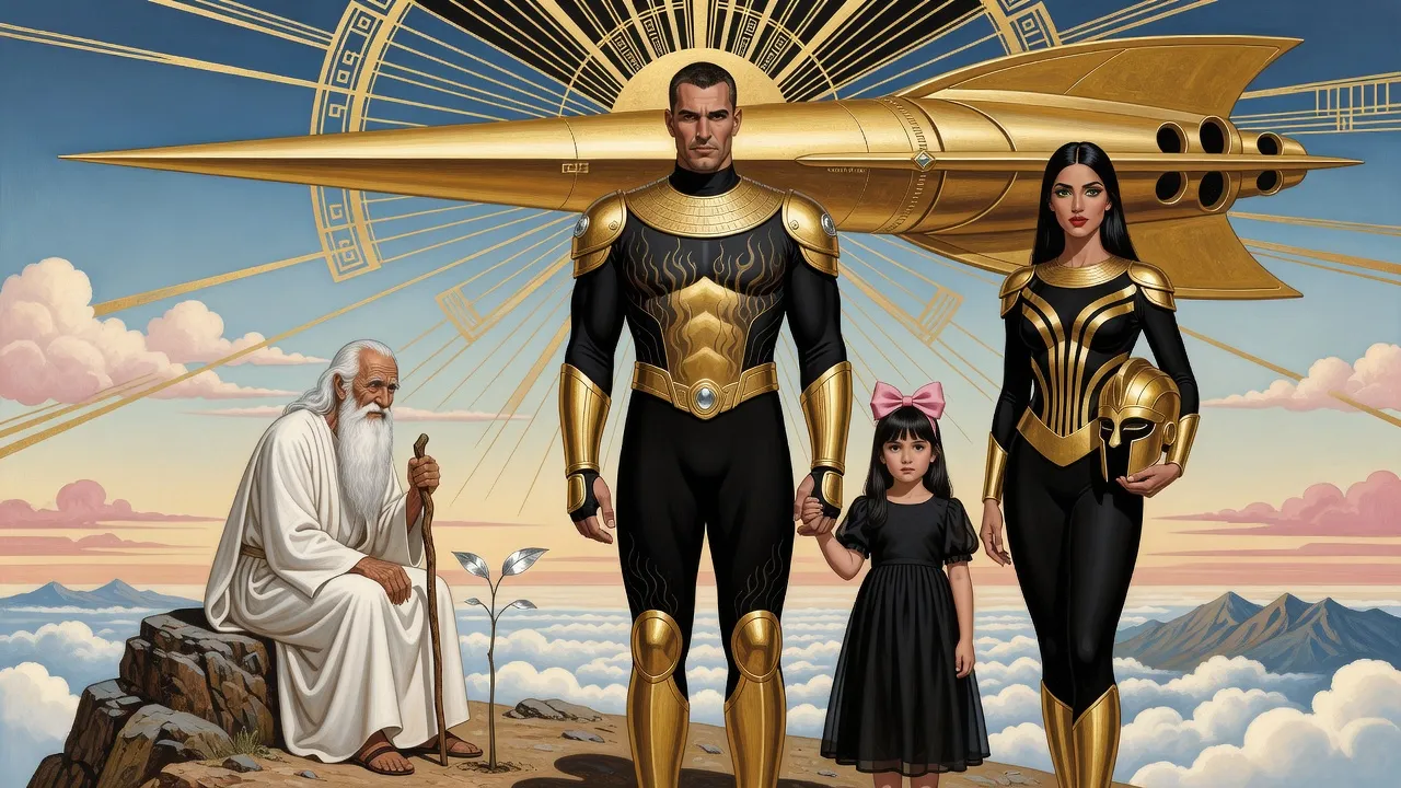 On a mountaintop at morning a man in gold armour holds the hand of a small dark-haired girl with a red bow, beside a woman in black and gold, facing a white-bearded old man seated by a tiny silver-leafed sapling, a golden ship high in the sky.