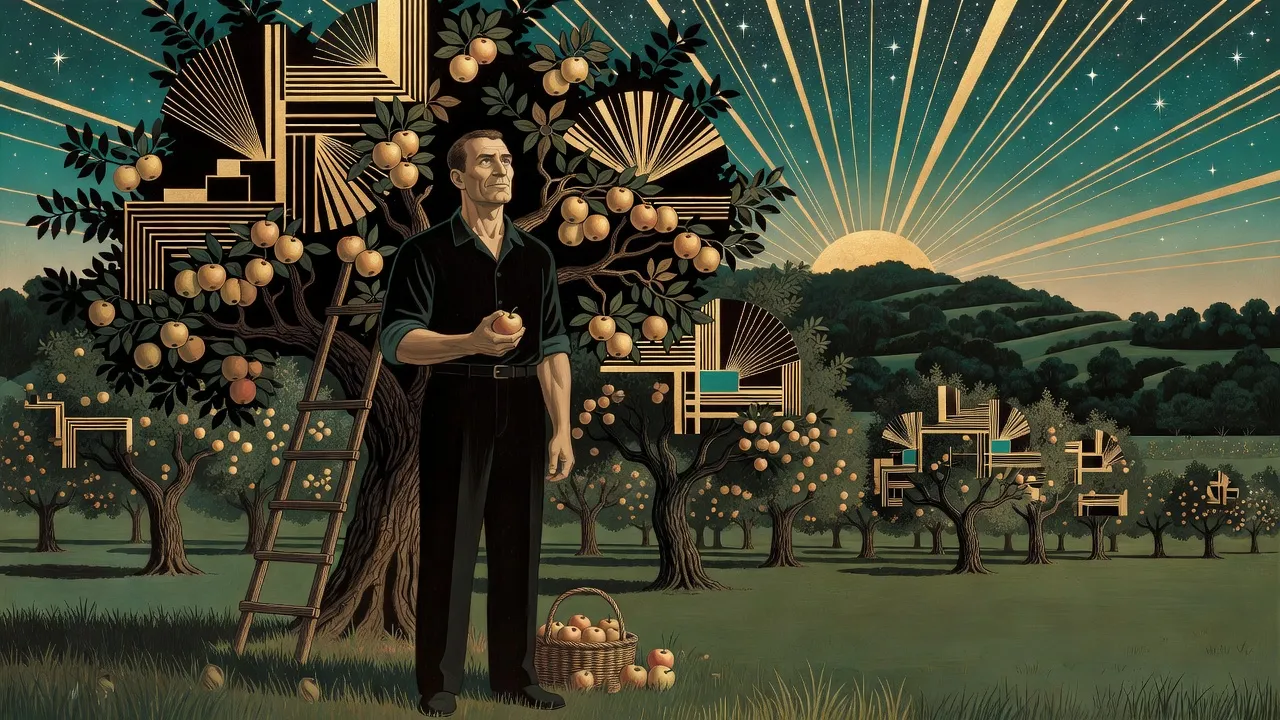 At dusk a weathered, crop-haired man in plain work clothes stands under laden apple trees in an orchard, an apple in his hand, looking up at a sky full of bright stars.