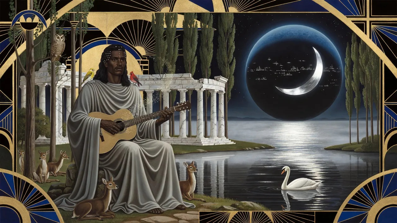 A very tall man wrapped in a pale grey mantle sits playing a guitar in a moonlit lakeside grove beside a ruined marble colonnade, deer kneeling around him and birds on his shoulder, while a huge silver ocean planet rises over the lake and a white swan glides on the water.