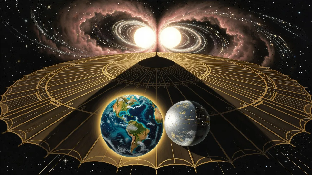 A blue Earth-like planet and a smaller silver ocean world hang together in the shadow of an immense golden space-parasol, with two blazing suns and a two-lobed rose-coloured nebula far behind.