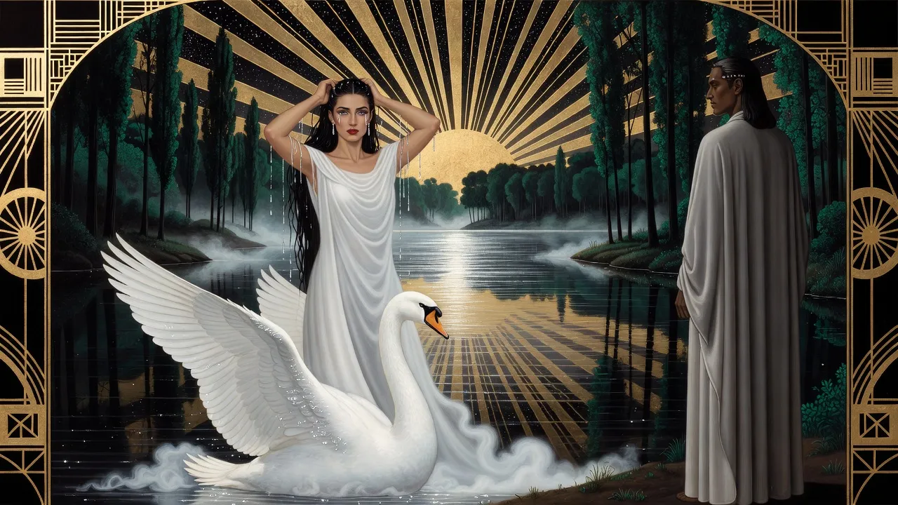 A dark-haired woman in a long white mist-pale gown rises from a still lake under a starry sky, her hands raised to her wet hair, as a white swan spreads its wings beside her and a very tall man in a pale grey cloak watches from the shore, seen from behind.