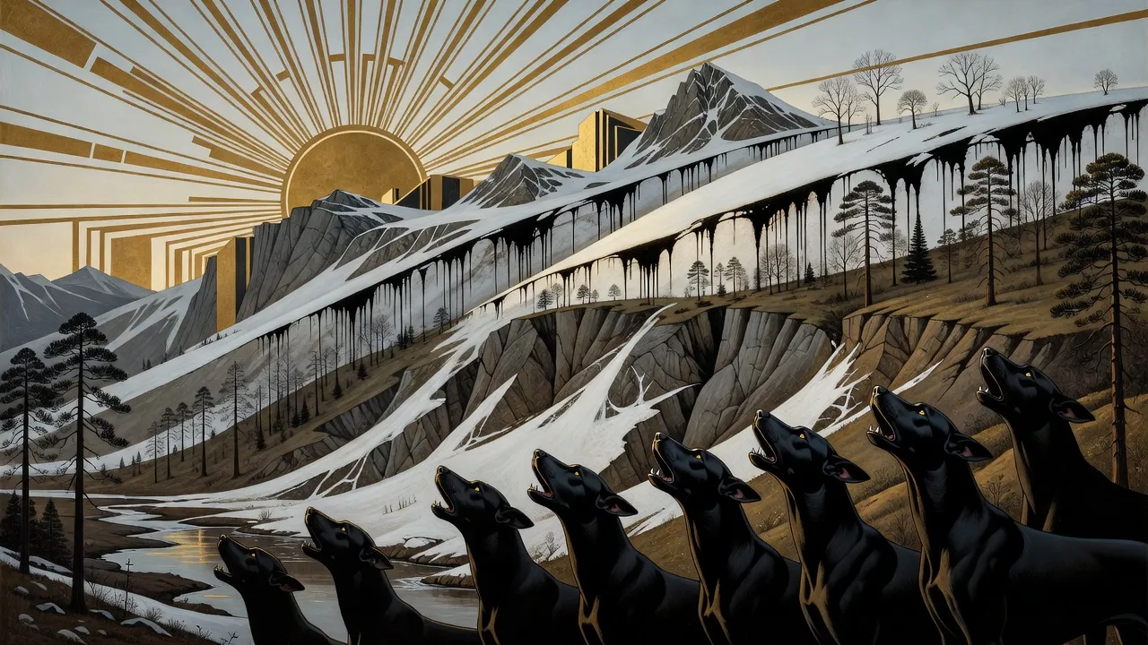 A pack of black dogs on a rocky ridge howls up at snowy mountains streaked with black stains above a dying pine forest.