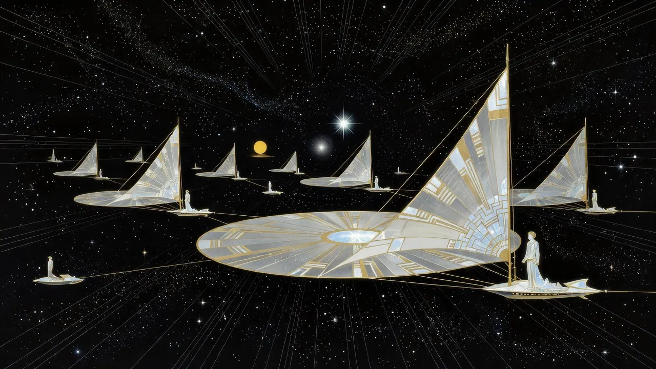 A fleet of tiny ships trails vast silver light-sails across a dark starfield toward a bright star, while far behind them a small golden sun dims.