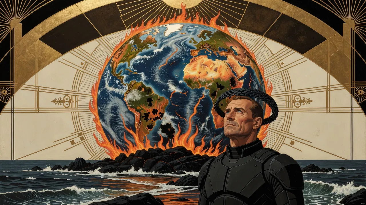 A man in black segmented armour, a halo of small black scales around his head, gazes up from a dark rocky shore at a huge burning Earth rising over the sea.