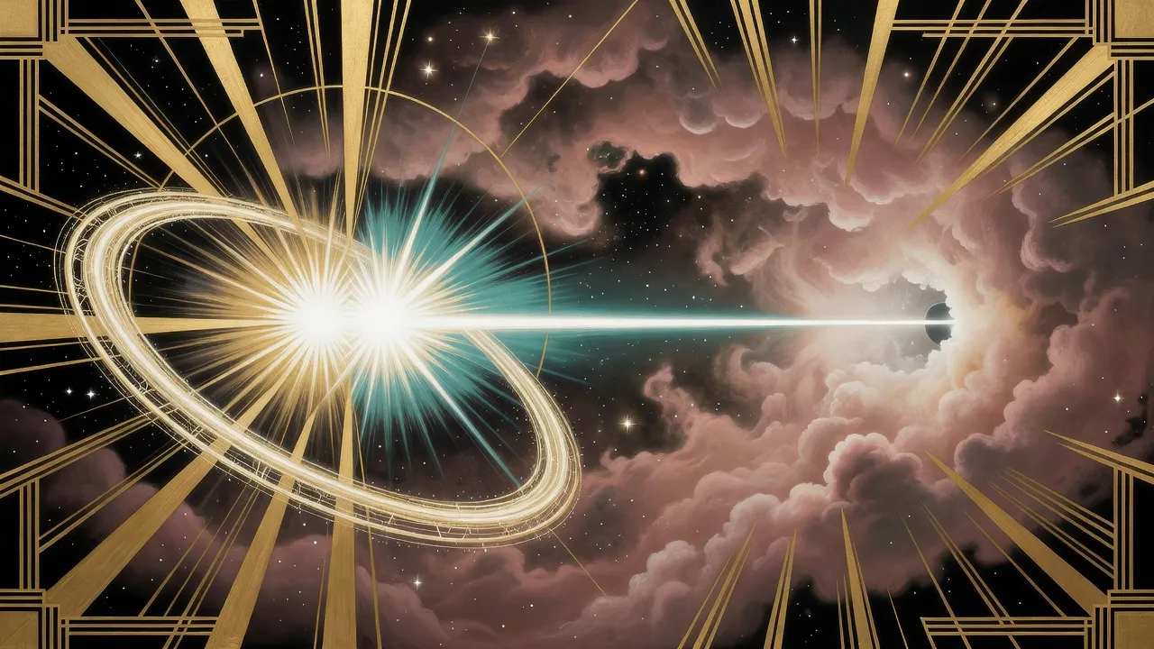 Two blazing stars collide inside a glowing ring, which gathers the explosion into one straight white ray cutting through a rose-gold nebula toward a small dark sphere.