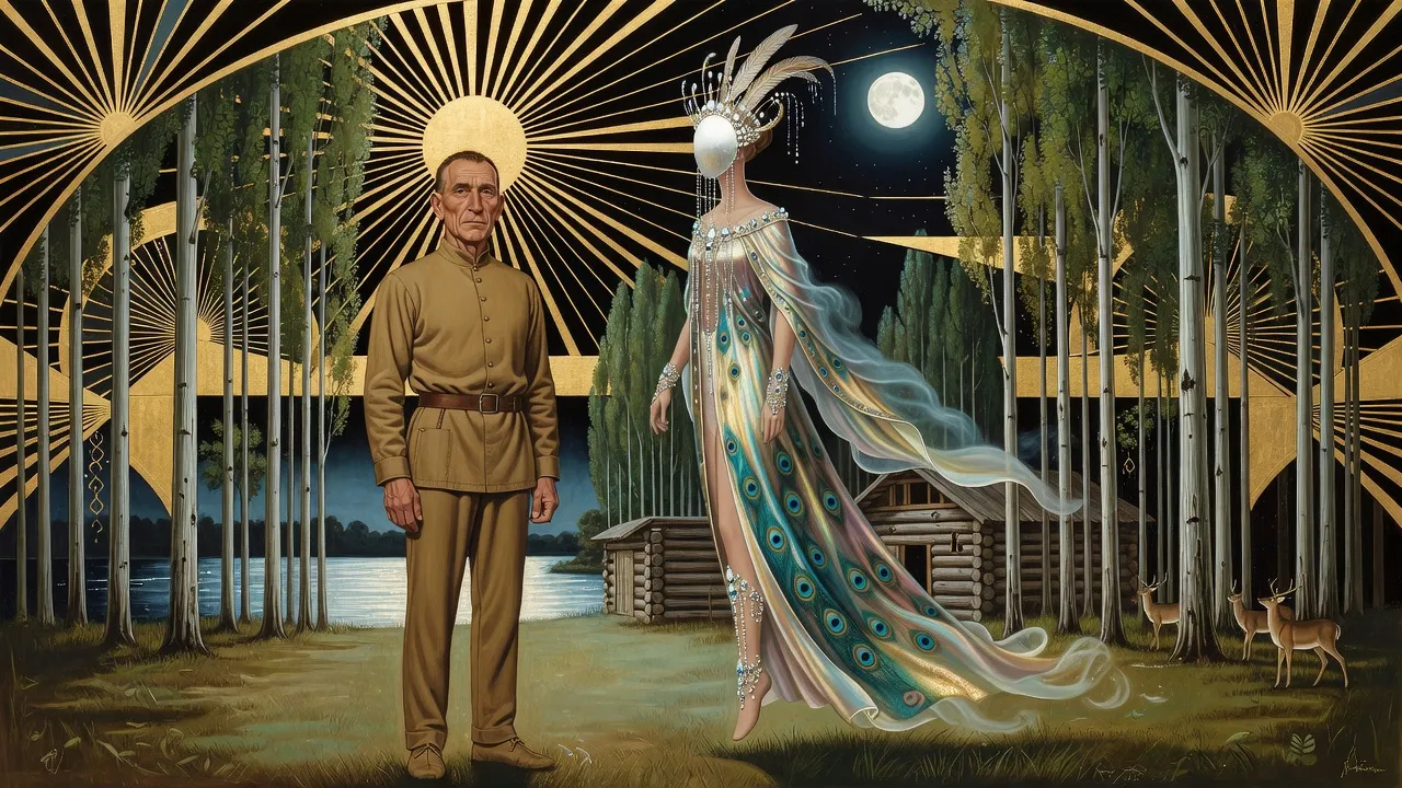 A lean, lined-faced man in a plain tan tunic and trousers stands near a log cabin in a moonlit lakeside grove as a tall figure with a blank silver mask for a face, a feathered coronet and shimmering peacock robes floats toward him.