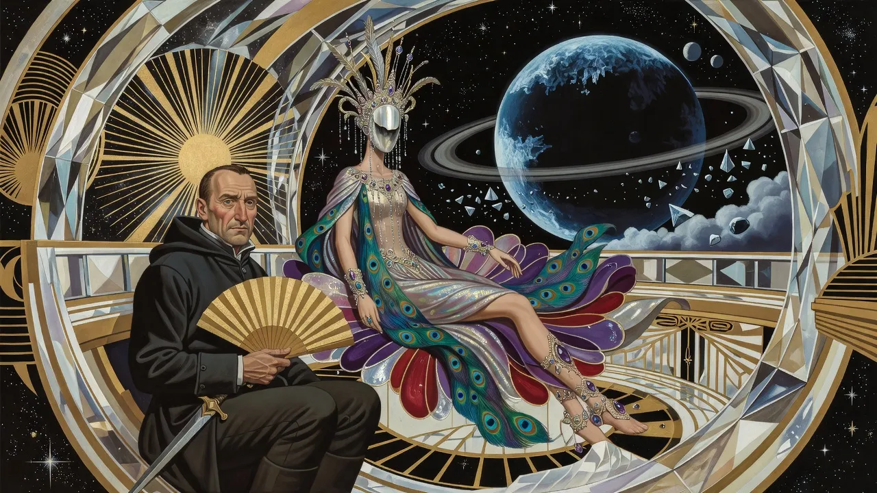 A man in a stiff dark high-collared coat sits against the crystal wall of a diamond starship holding a gold fan, a dagger at his hip, beside a faceless silver-masked figure reclining in midair on spreading purple-red and silver robes, a dark ringed planet beyond the hull.