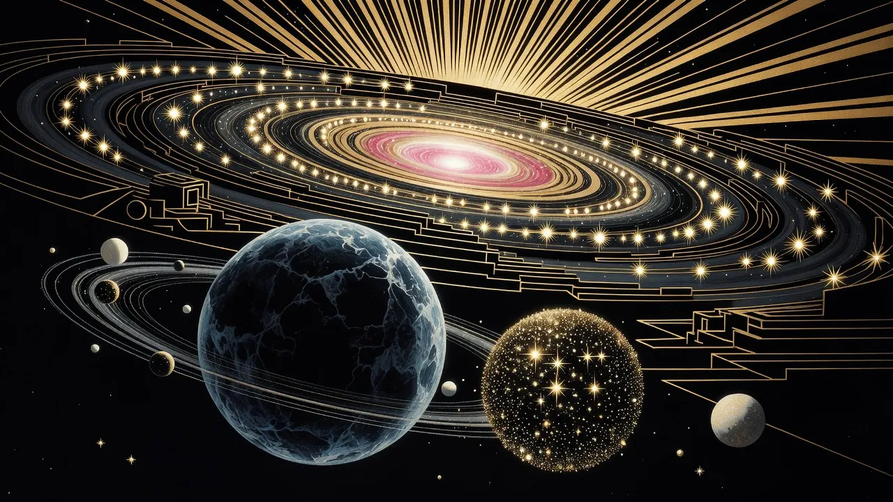 A dark ringed planet drifts toward a dense golden ball of stars while behind it a spiral galaxy burns with chains of exploding stars.