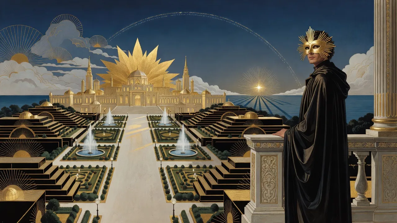 A golden palace-city of spires and domes under a deep blue sky before dawn, a small brilliant second sun rising over it, and a masked reveller in a sunburst mask and long black cloak standing at a balustrade in the foreground.