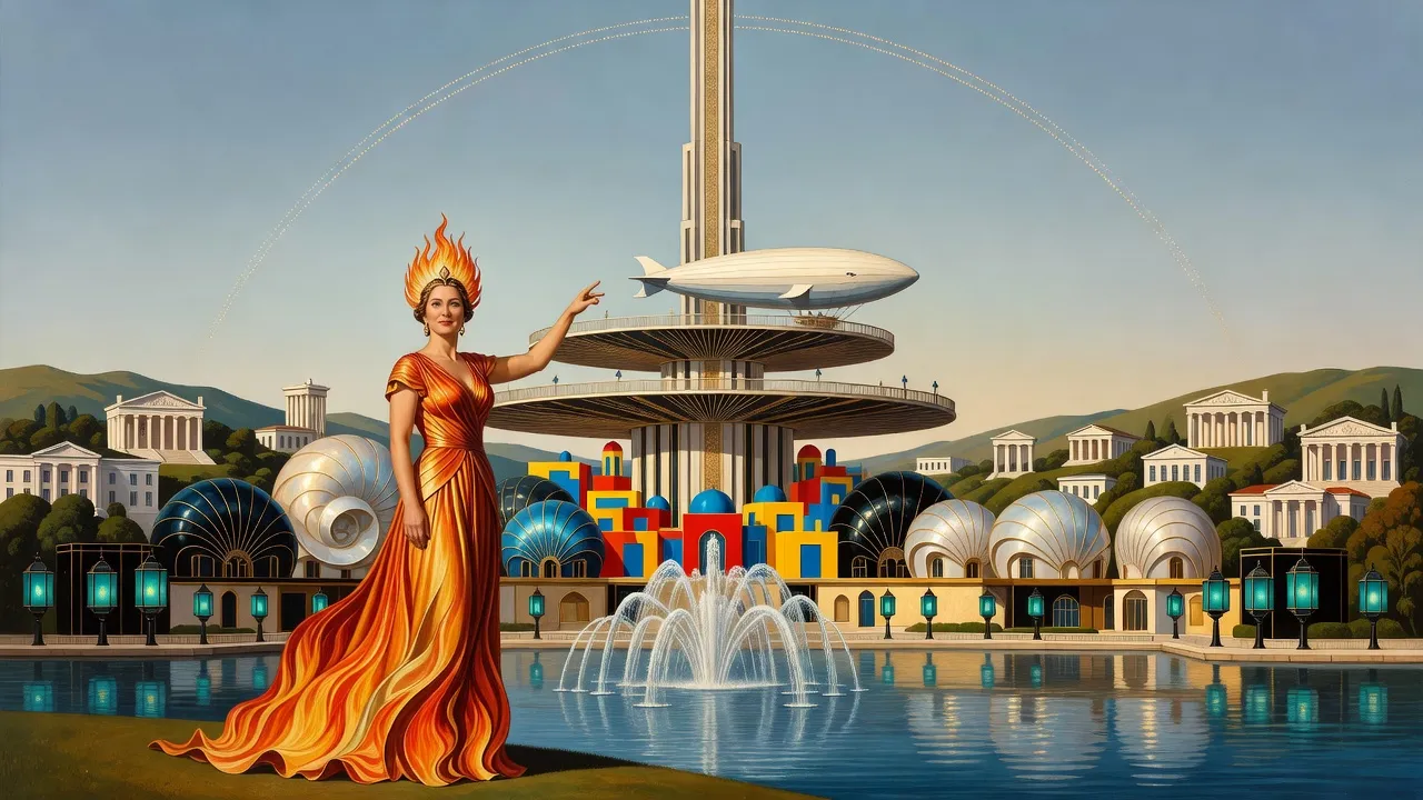 A slender tower rises out of sight above a lakeside city on a bright afternoon, a whale-sized airship moored at one of its broad balconies, while a woman in a flame-coloured costume stands in the foreground.