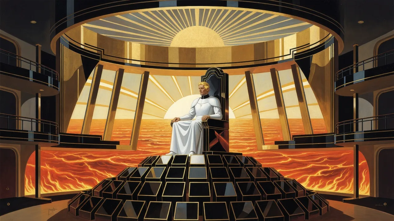 A grave golden-haired man in white armour sits alone on a throne atop a stepped dais of dark boxes, in a rotunda whose tall windows open on a sea of fire.