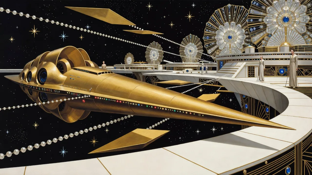 An immense golden spear-shaped starship lies in the black of space beside the white hull of a station, a few small robed figures on its curving deck, as strings of pale spheres slide toward her.