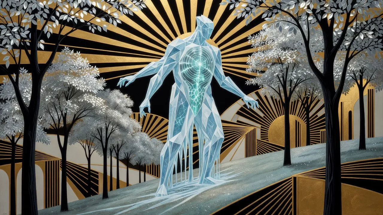 A huge translucent ice-blue creature like a walking iceberg, glowing nerve-webs inside it, climbs a slope at night through a grove of trees with silver crowns and mirror-like leaves.
