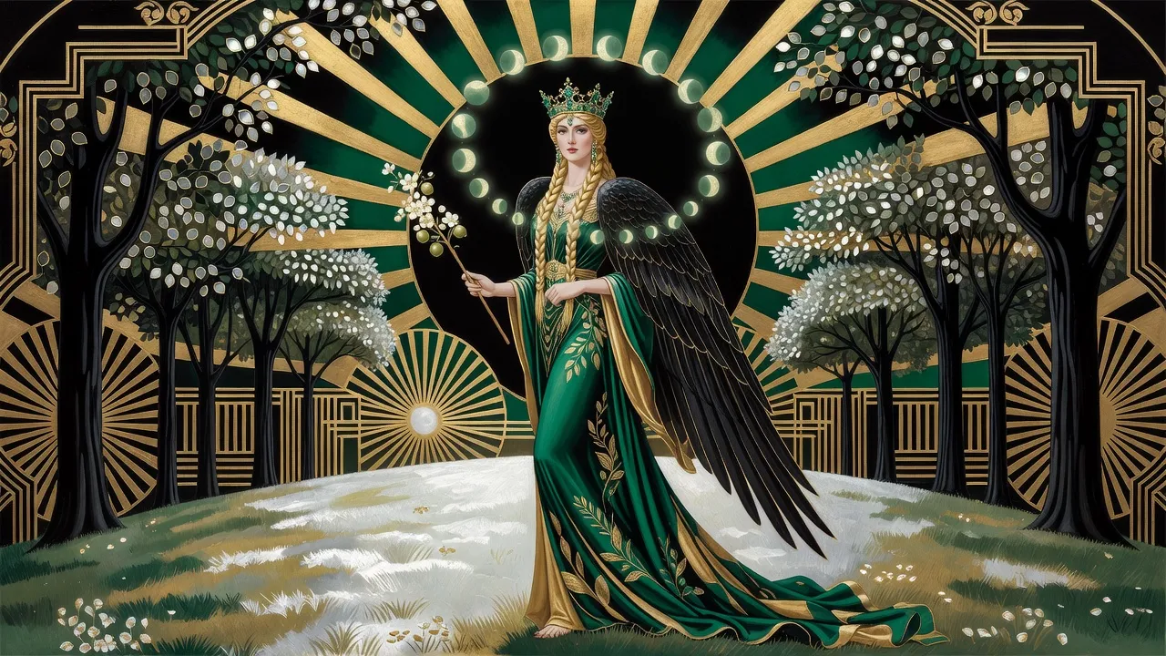 A very tall, slender queenly woman with great dark wings folded down her back, in an emerald gown, with golden braids and an emerald crown, stands on a moonlit lawn ringed by small floating lights, holding a slim blossoming wooden wand.