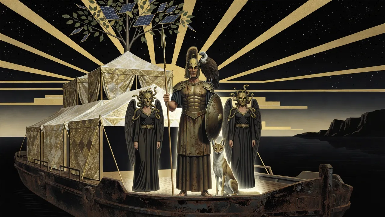 A tall stern king in dark-stained bronze Greek armour and a horsehair-plumed helm, a vulture on his shoulder and a jackal at his feet, glows on a barge-deck at night in a tropical bay between two winged figures in brass masks.