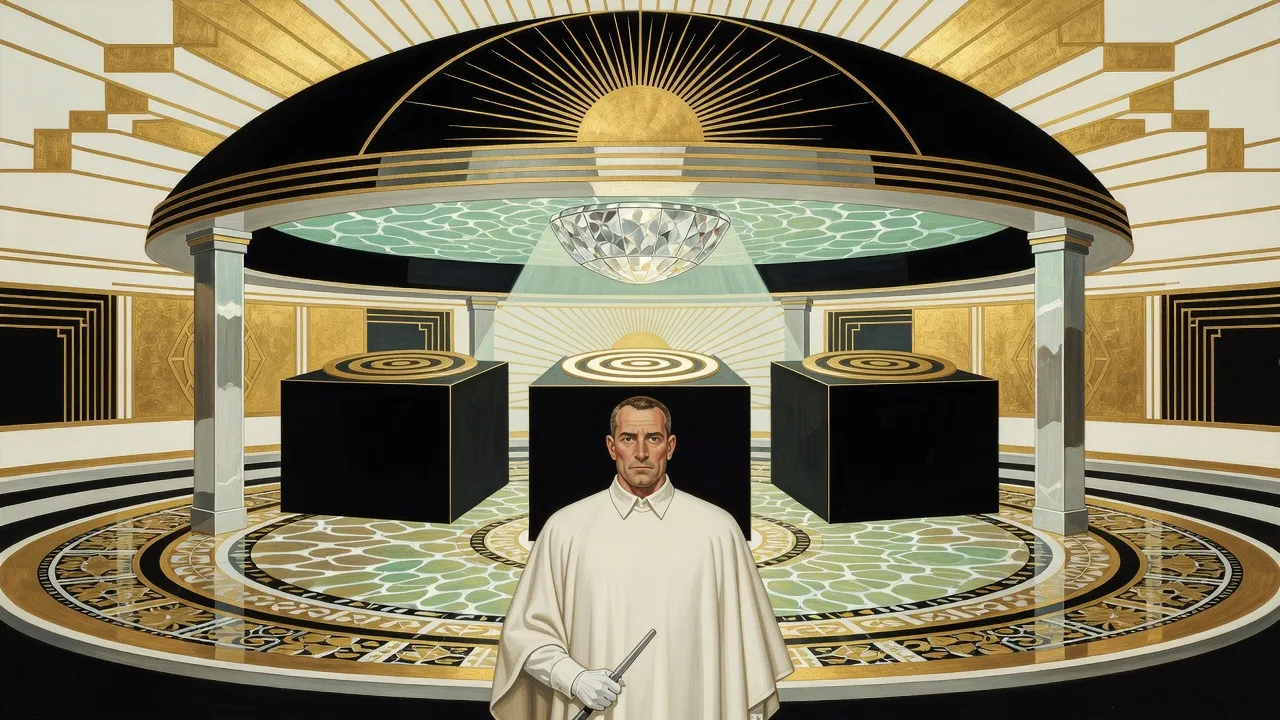 In a black-domed courtroom lit from above through a crystal lens, three black cubes crowned with golden spirals float above a mosaic floor while a plain-faced bailiff in a stiff white poncho stands guard with a baton.
