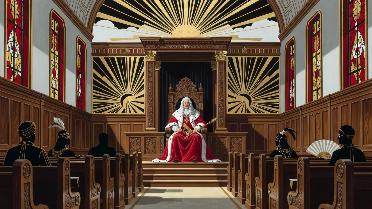 A speaker in a long white wig and scarlet robes trimmed with ermine presides from a canopied throne in a Victorian hall of stained glass, tiers of costumed figures in the pews below.