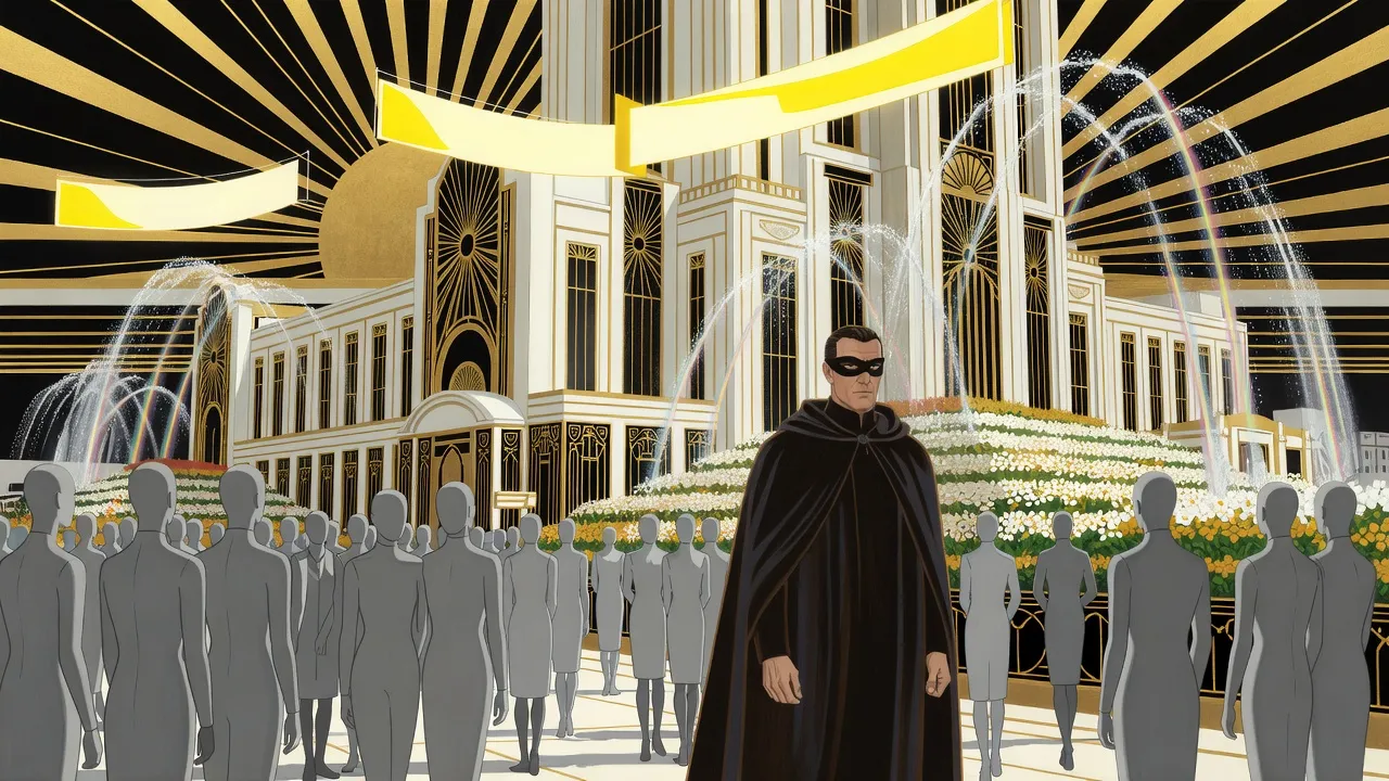 A tall hooded man in a long dark cloak and a black domino mask walks through a sunlit festival boulevard among a crowd of smooth grey faceless figures.