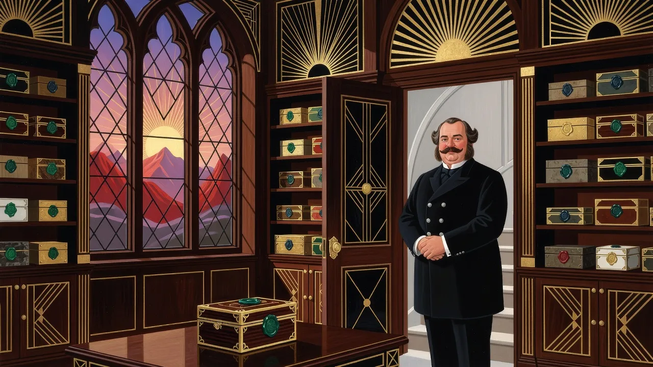 A portly Victorian butler with huge sideburns stands in the doorway of a panelled room lined with small sealed caskets, its diamond-paned windows looking out on red mountains at dusk.