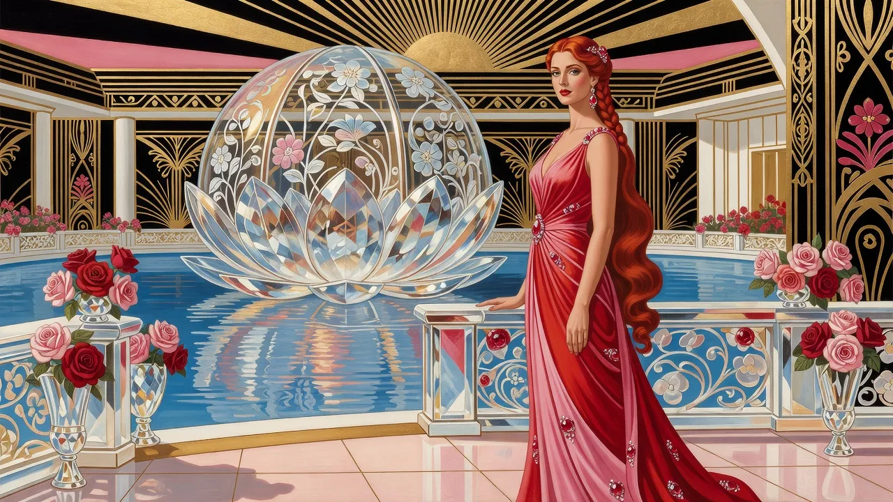 A tall, queenly red-haired woman in a gown of scarlet and rose silk stands on a crystal-railed terrace lined with roses, beside a crystal pavilion shaped like a lotus on a bright blue lake.