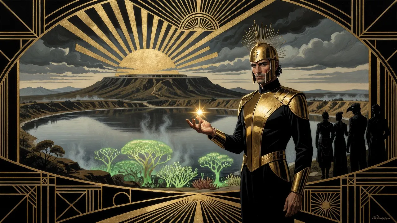 At the edge of a vast crater lake glowing with coral-like trees beneath the water, a dark-haired masquerader in a black-and-gold suit and a golden spiked helmet holds a small glowing star in his palm, other costumed guests behind him.