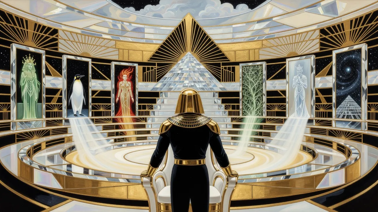 Seen from behind, a figure in a black suit with gold shoulder armour and a gold pharaoh-like helmet sits in a white captain’s chair in a crystal amphitheatre, tall mirrors around him glowing with ghostly figures, a penguin, a web of leaves and a swirl of stars.