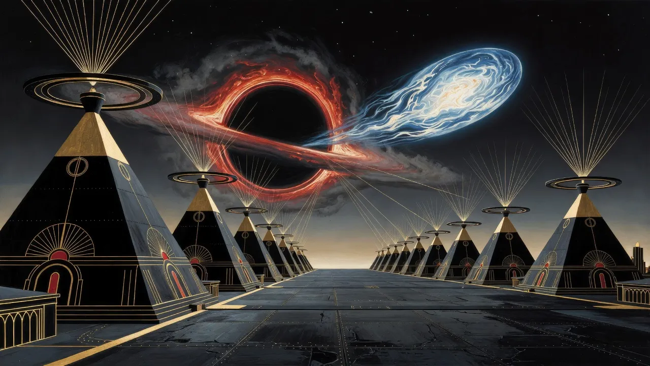 A black hole ringed by a glowing red disk and a stretched blue-white star hangs over an empty dark metal plain, where twin rows of black pyramids under spinning rings stretch toward the horizon.