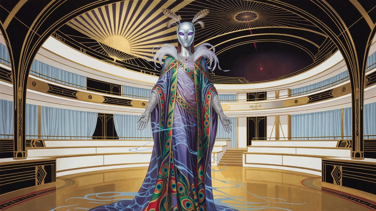 A very tall, slender masked figure in shimmering peacock-purple robes, with a smooth silver face-mask, amethyst eyes and feathery antennae, rises through the polished floor of a crystal hall.